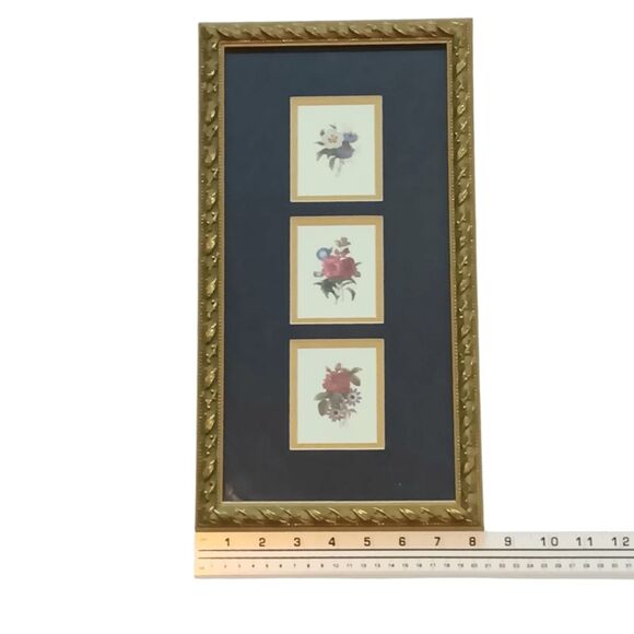 Vintage Flower Trio Prints Matted And Framed Dark Blue Background Gold Frame 15" - Picture 9 of 9